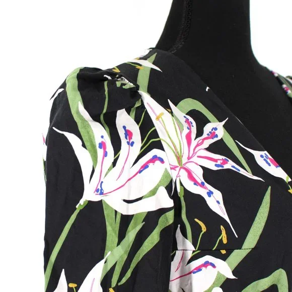 Borgo De Nor Anita Mini Dress Black Multicolor Lilly Print Ruffle Hem Belted 12